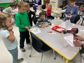 In Mrs. Wyman and Mrs. Parker's STEAM after school class, student's had the challenge of building a home for the three little pigs using only marshmallows and toothpicks.  The house had to be strong enough to not be blown over by the big, bad wolf ( a hair dryer).  Everyone met the challenge!
