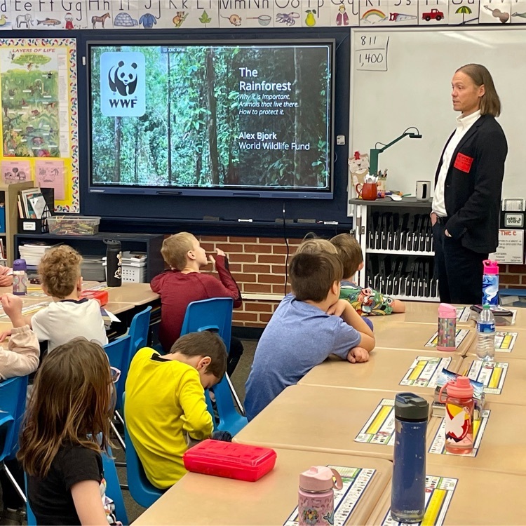 Alex Bjork, Skyway parent and senior director for World Wildlife Fund, talked with Skyway first and second graders about the importance of the rainforests