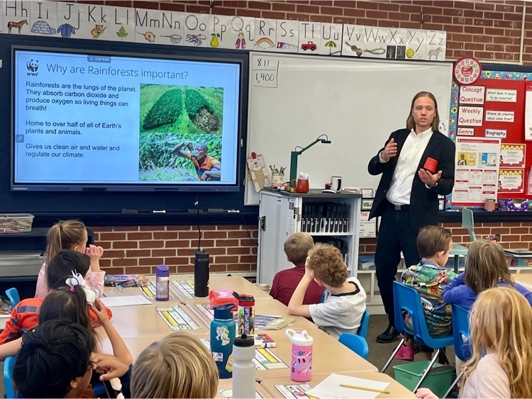 Alex Bjork, Skyway parent and senior director for World Wildlife Fund, talked with Skyway first and second graders about the importance of the rainforests